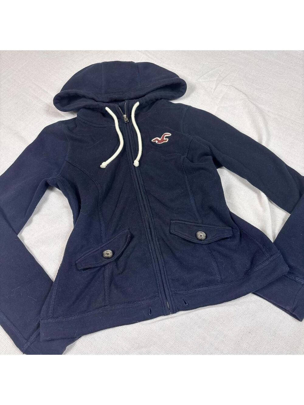 super cute navy blue Hollister zip up hoodie with button flap pockets!!!